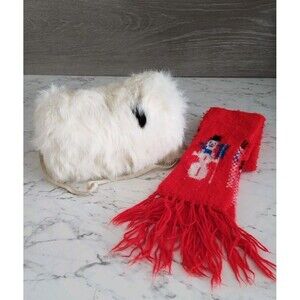 Vintage Child's White Rabbit Fur Muff Satin Lined Hand Warmer 7"L Neck Strap